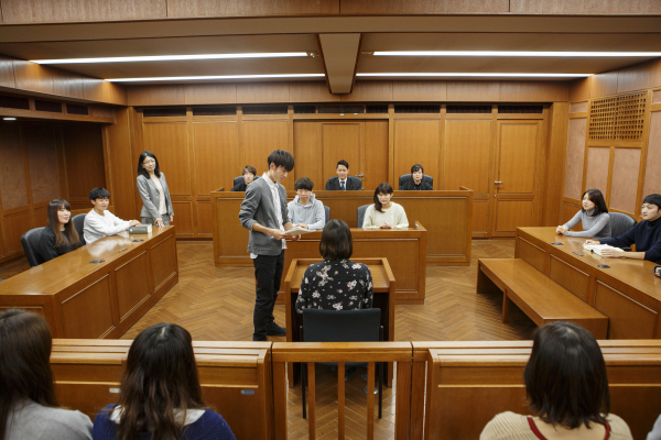 Mock trials are held in classrooms set up as courtrooms.